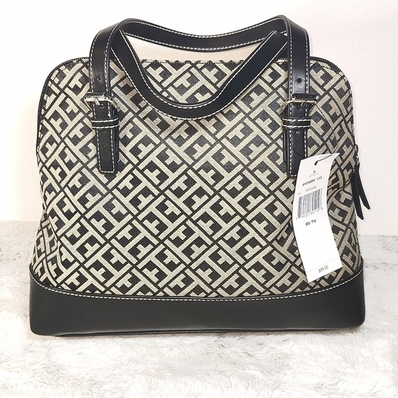 NWT Tommy Hilfiger Black and Tan In Signature Canvas Print Satchel - Picture 2 of 12